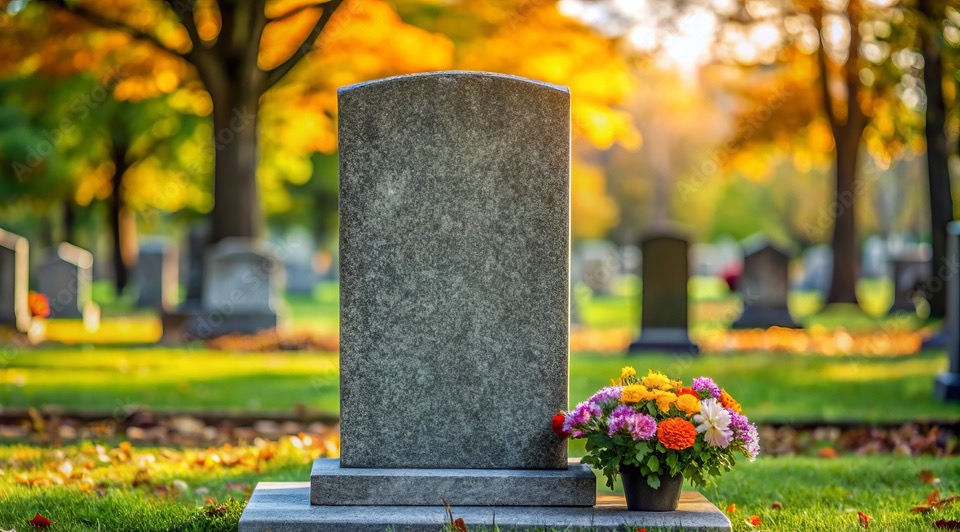 A granite monument in golden autumn light